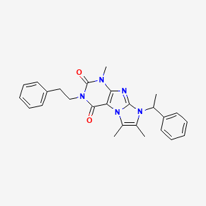 molecular formula C26H27N5O2 B2588227 1,6,7-三甲基-3-苯乙基-8-(1-苯乙基)-1H-咪唑并[2,1-f]嘌呤-2,4(3H,8H)-二酮 CAS No. 923460-73-5