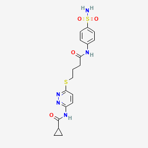 molecular formula C18H21N5O4S2 B2588239 N-(6-((4-氧代-4-((4-磺酰胺基苯基)氨基)丁基)硫代)哒嗪-3-基)环丙烷甲酰胺 CAS No. 1105249-03-3