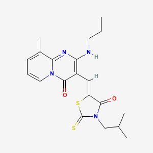molecular formula C20H24N4O2S2 B2588267 (Z)-3-isobutyl-5-((9-methyl-4-oxo-2-(propylamino)-4H-pyrido[1,2-a]pyrimidin-3-yl)methylene)-2-thioxothiazolidin-4-one CAS No. 378220-68-9