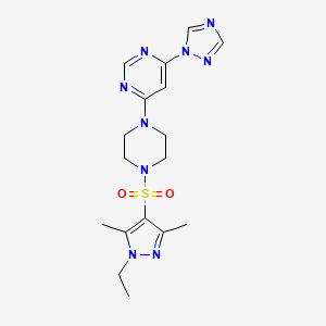 molecular formula C17H23N9O2S B2588313 4-(4-((1-乙基-3,5-二甲基-1H-吡唑-4-基)磺酰基)哌嗪-1-基)-6-(1H-1,2,4-三唑-1-基)嘧啶 CAS No. 1795303-74-0