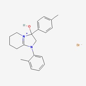 molecular formula C21H25BrN2O B2588320 3-Hydroxy-1-(o-tolyl)-3-(p-tolyl)-2,3,5,6,7,8-hexahydroimidazo[1,2-a]pyridin-1-ium bromide CAS No. 1101746-20-6