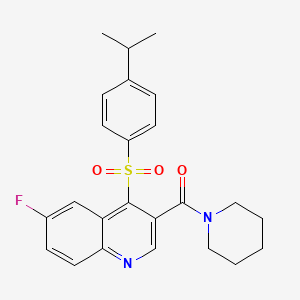 molecular formula C24H25FN2O3S B2588332 6-Fluoro-4-[(4-isopropylphenyl)sulfonyl]-3-(piperidin-1-ylcarbonyl)quinoline CAS No. 1111164-66-9