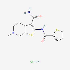 molecular formula C14H16ClN3O2S2 B2588401 6-Methyl-2-(thiophene-2-carboxamido)-4,5,6,7-tetrahydrothieno[2,3-c]pyridine-3-carboxamide hydrochloride CAS No. 1216987-60-8