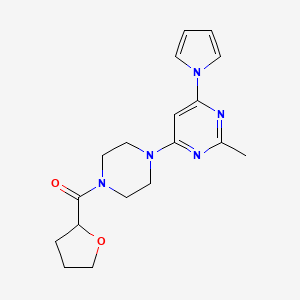 molecular formula C18H23N5O2 B2588535 (4-(2-methyl-6-(1H-pyrrol-1-yl)pyrimidin-4-yl)piperazin-1-yl)(tetrahydrofuran-2-yl)methanone CAS No. 1421493-74-4