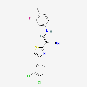 molecular formula C19H12Cl2FN3S B2588597 (E)-2-(4-(3,4-dichlorophenyl)thiazol-2-yl)-3-((3-fluoro-4-methylphenyl)amino)acrylonitrile CAS No. 477297-60-2