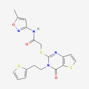 molecular formula C18H16N4O3S3 B2588603 N-(5-甲基-1,2-恶唑-3-基)-2-({4-氧代-3-[2-(噻吩-2-基)乙基]-3,4-二氢噻吩并[3,2-d]嘧啶-2-基}硫代)乙酰胺 CAS No. 1261020-76-1