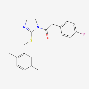 molecular formula C20H21FN2OS B2588624 1-[2-[(2,5-Dimethylphenyl)methylsulfanyl]-4,5-dihydroimidazol-1-yl]-2-(4-fluorophenyl)ethanone CAS No. 851804-62-1