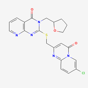 molecular formula C21H18ClN5O3S B2588625 2-(((7-chloro-4-oxo-4H-pyrido[1,2-a]pyrimidin-2-yl)methyl)thio)-3-((tetrahydrofuran-2-yl)methyl)pyrido[2,3-d]pyrimidin-4(3H)-one CAS No. 931943-00-9