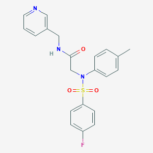 molecular formula C21H20FN3O3S B258863 2-[(4-Fluoro-benzenesulfonyl)-p-tolyl-amino]-N-pyridin-3-ylmethyl-acetamide 