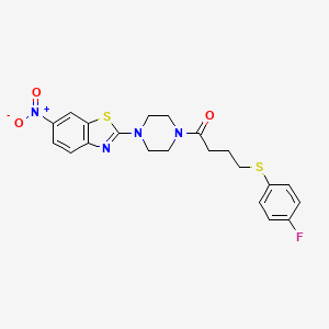 molecular formula C21H21FN4O3S2 B2588823 4-((4-Fluorophenyl)thio)-1-(4-(6-nitrobenzo[d]thiazol-2-yl)piperazin-1-yl)butan-1-one CAS No. 941877-94-7