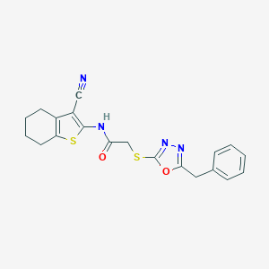 molecular formula C20H18N4O2S2 B258885 2-[(5-benzyl-1,3,4-oxadiazol-2-yl)sulfanyl]-N-(3-cyano-4,5,6,7-tetrahydro-1-benzothien-2-yl)acetamide 