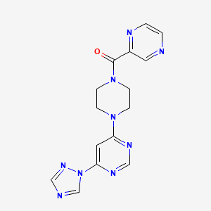 molecular formula C15H15N9O B2588892 (4-(6-(1H-1,2,4-triazol-1-yl)pyrimidin-4-yl)piperazin-1-yl)(pyrazin-2-yl)methanone CAS No. 1795457-33-8