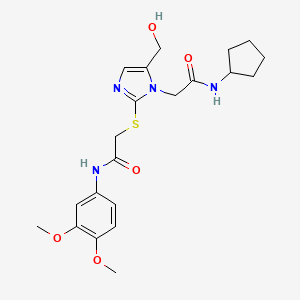 molecular formula C21H28N4O5S B2588939 N-环戊基-2-(2-((2-((3,4-二甲氧基苯基)氨基)-2-氧代乙基)硫代)-5-(羟甲基)-1H-咪唑-1-基)乙酰胺 CAS No. 921526-30-9