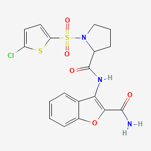 molecular formula C18H16ClN3O5S2 B2588975 N-(2-氨基甲酰基苯并呋喃-3-基)-1-((5-氯噻吩-2-基)磺酰基)吡咯烷-2-甲酰胺 CAS No. 1098645-07-8