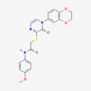 molecular formula C21H19N3O5S B2589036 2-((4-(2,3-二氢苯并[b][1,4]二噁英-6-基)-3-氧代-3,4-二氢吡嗪-2-基)硫代)-N-(4-甲氧基苯基)乙酰胺 CAS No. 899987-43-0