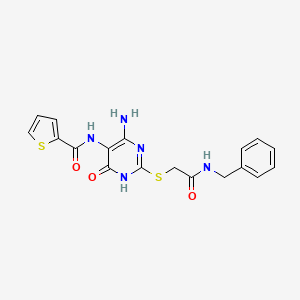 molecular formula C18H17N5O3S2 B2589149 N-(4-amino-2-((2-(benzylamino)-2-oxoethyl)thio)-6-oxo-1,6-dihydropyrimidin-5-yl)thiophene-2-carboxamide CAS No. 868225-72-3
