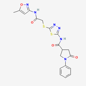 molecular formula C19H18N6O4S2 B2589238 N-(5-((2-((5-methylisoxazol-3-yl)amino)-2-oxoethyl)thio)-1,3,4-thiadiazol-2-yl)-5-oxo-1-phenylpyrrolidine-3-carboxamide CAS No. 872594-69-9