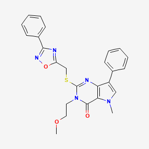 molecular formula C25H23N5O3S B2589269 3-(2-甲氧基乙基)-5-甲基-7-苯基-2-(((3-苯基-1,2,4-恶二唑-5-基)甲基)硫代)-3H-吡咯并[3,2-d]嘧啶-4(5H)-酮 CAS No. 1112036-76-6