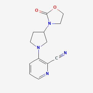 molecular formula C13H14N4O2 B2589284 3-[3-(2-Oxo-1,3-oxazolidin-3-yl)pyrrolidin-1-yl]pyridine-2-carbonitrile CAS No. 2380077-46-1