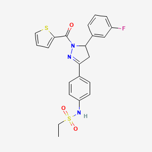 molecular formula C22H20FN3O3S2 B2589304 3-{4-[(Ethylsulfonyl)amino]phenyl}-5-(3-fluorophenyl)(2-pyrazolinyl) 2-thienyl ketone CAS No. 852141-23-2