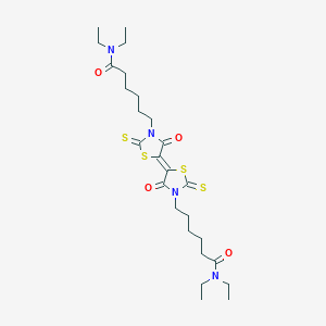 molecular formula C26H40N4O4S4 B2589334 6-[(5E)-5-[3-[6-(diethylamino)-6-oxohexyl]-4-oxo-2-sulfanylidene-1,3-thiazolidin-5-ylidene]-4-oxo-2-sulfanylidene-1,3-thiazolidin-3-yl]-N,N-diethylhexanamide CAS No. 392252-38-9