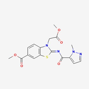molecular formula C17H16N4O5S B2589337 (E)-methyl 3-(2-methoxy-2-oxoethyl)-2-((1-methyl-1H-pyrazole-5-carbonyl)imino)-2,3-dihydrobenzo[d]thiazole-6-carboxylate CAS No. 1173563-91-1