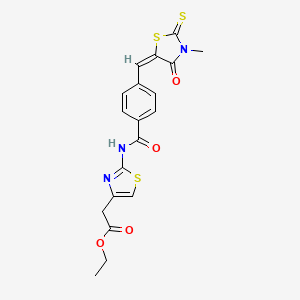molecular formula C19H17N3O4S3 B2589345 (E)-ethyl 2-(2-(4-((3-methyl-4-oxo-2-thioxothiazolidin-5-ylidene)methyl)benzamido)thiazol-4-yl)acetate CAS No. 881825-45-2