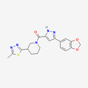 molecular formula C19H19N5O3S B2589384 (3-(benzo[d][1,3]dioxol-5-yl)-1H-pyrazol-5-yl)(3-(5-methyl-1,3,4-thiadiazol-2-yl)piperidin-1-yl)methanone CAS No. 1296274-90-2