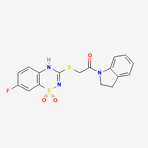molecular formula C17H14FN3O3S2 B2589389 2-((7-fluoro-1,1-dioxido-4H-benzo[e][1,2,4]thiadiazin-3-yl)thio)-1-(indolin-1-yl)ethanone CAS No. 899976-00-2