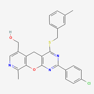 molecular formula C26H22ClN3O2S B2589404 (2-(4-chlorophenyl)-9-methyl-4-((3-methylbenzyl)thio)-5H-pyrido[4',3':5,6]pyrano[2,3-d]pyrimidin-6-yl)methanol CAS No. 892415-02-0