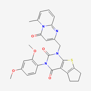 11-(2,4-dimethoxyphenyl)-9-({6-methyl-4-oxo-4H-pyrido[1,2-a]pyrimidin-2-yl}methyl)-7-thia-9,11-diazatricyclo[6.4.0.0^{2,6}]dodeca-1(8),2(6)-diene-10,12-dione