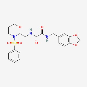 molecular formula C21H23N3O7S B2589775 N1-(benzo[d][1,3]dioxol-5-ylmethyl)-N2-((3-(phenylsulfonyl)-1,3-oxazinan-2-yl)methyl)oxalamide CAS No. 872881-17-9