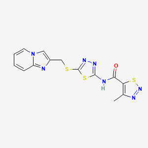 molecular formula C14H11N7OS3 B2589824 N-(5-((咪唑并[1,2-a]吡啶-2-基甲基)硫代)-1,3,4-噻二唑-2-基)-4-甲基-1,2,3-噻二唑-5-甲酰胺 CAS No. 1226432-57-0