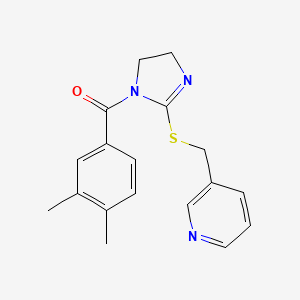molecular formula C18H19N3OS B2589826 (3,4-Dimethylphenyl)-[2-(pyridin-3-ylmethylsulfanyl)-4,5-dihydroimidazol-1-yl]methanone CAS No. 851807-38-0