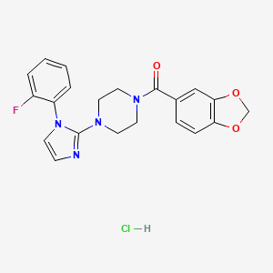 molecular formula C21H20ClFN4O3 B2589870 benzo[d][1,3]dioxol-5-yl(4-(1-(2-fluorophenyl)-1H-imidazol-2-yl)piperazin-1-yl)methanone hydrochloride CAS No. 1189929-42-7