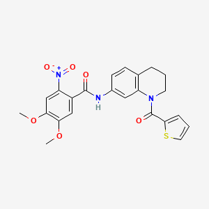 molecular formula C23H21N3O6S B2589875 4,5-dimethoxy-2-nitro-N-(1-(thiophene-2-carbonyl)-1,2,3,4-tetrahydroquinolin-7-yl)benzamide CAS No. 941900-63-6