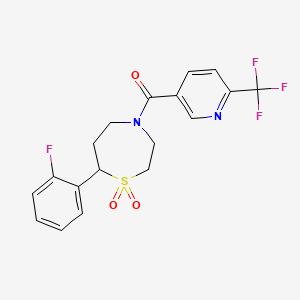 molecular formula C18H16F4N2O3S B2589877 (7-(2-Fluorophenyl)-1,1-dioxido-1,4-thiazepan-4-yl)(6-(trifluoromethyl)pyridin-3-yl)methanone CAS No. 2189499-15-6
