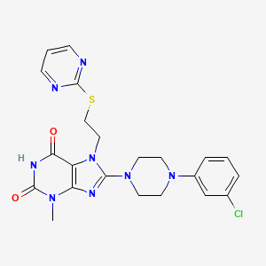 molecular formula C22H23ClN8O2S B2589938 8-[4-(3-Chlorophenyl)piperazin-1-yl]-3-methyl-7-(2-pyrimidin-2-ylsulfanylethyl)purine-2,6-dione CAS No. 850914-46-4