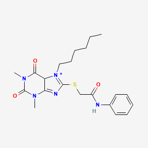 molecular formula C21H27N5O3S B2589984 2-[(7-hexyl-1,3-dimethyl-2,6-dioxo-5H-purin-7-ium-8-yl)sulfanyl]-N-phenylacetamide CAS No. 377060-19-0