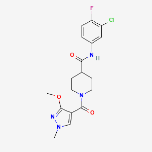 molecular formula C18H20ClFN4O3 B2590002 N-(3-chloro-4-fluorophenyl)-1-(3-methoxy-1-methyl-1H-pyrazole-4-carbonyl)piperidine-4-carboxamide CAS No. 1351613-17-6