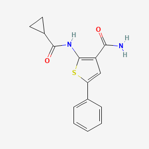 molecular formula C15H14N2O2S B2590015 2-(环丙烷甲酰胺基)-5-苯硫代吩-3-甲酰胺基 CAS No. 874628-36-1