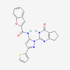 molecular formula C23H17N5O3S B2590089 N-(1-(4-oxo-4,5,6,7-tetrahydro-3H-cyclopenta[d]pyrimidin-2-yl)-3-(thiophen-2-yl)-1H-pyrazol-5-yl)benzofuran-2-carboxamide CAS No. 1207014-93-4