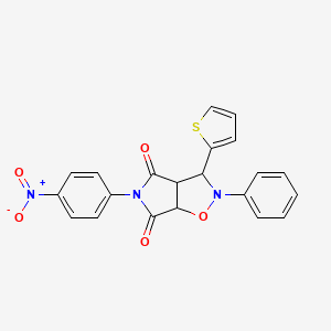 molecular formula C21H15N3O5S B2590102 5-(4-nitrophenyl)-2-phenyl-3-(thiophen-2-yl)dihydro-2H-pyrrolo[3,4-d]isoxazole-4,6(5H,6aH)-dione CAS No. 1005270-36-9