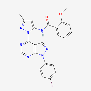 molecular formula C23H18FN7O2 B2590131 N-(1-(1-(4-fluorophenyl)-1H-pyrazolo[3,4-d]pyrimidin-4-yl)-3-methyl-1H-pyrazol-5-yl)-2-methoxybenzamide CAS No. 1007061-94-0