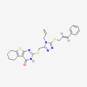 molecular formula C25H25N5OS3 B2590135 2-[[5-[(E)-3-苯基丙-2-烯基]硫代-4-丙-2-烯基-1,2,4-三唑-3-基]甲基硫代]-5,6,7,8-四氢-3H-[1]苯并噻吩并[2,3-d]嘧啶-4-酮 CAS No. 308298-93-3