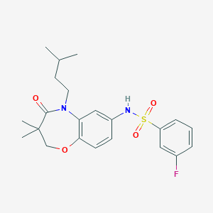 molecular formula C22H27FN2O4S B2590165 3-fluoro-N-(5-isopentyl-3,3-dimethyl-4-oxo-2,3,4,5-tetrahydrobenzo[b][1,4]oxazepin-7-yl)benzenesulfonamide CAS No. 921916-63-4