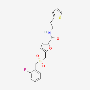 molecular formula C19H18FNO4S2 B2590182 5-(((2-fluorobenzyl)sulfonyl)methyl)-N-(2-(thiophen-2-yl)ethyl)furan-2-carboxamide CAS No. 1448074-00-7