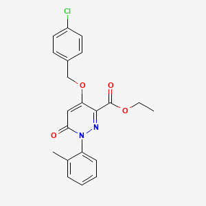 molecular formula C21H19ClN2O4 B2590275 Ethyl 4-((4-chlorobenzyl)oxy)-6-oxo-1-(o-tolyl)-1,6-dihydropyridazine-3-carboxylate CAS No. 899943-97-6