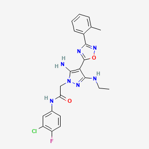 molecular formula C22H21ClFN7O2 B2590279 2-(5-amino-3-(ethylamino)-4-(3-(o-tolyl)-1,2,4-oxadiazol-5-yl)-1H-pyrazol-1-yl)-N-(3-chloro-4-fluorophenyl)acetamide CAS No. 1172250-07-5