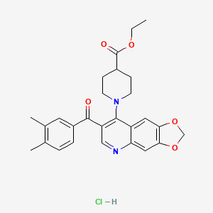 molecular formula C27H29ClN2O5 B2590313 ethyl 1-[7-(3,4-dimethylbenzoyl)-2H-[1,3]dioxolo[4,5-g]quinolin-8-yl]piperidine-4-carboxylate hydrochloride CAS No. 2097903-01-8